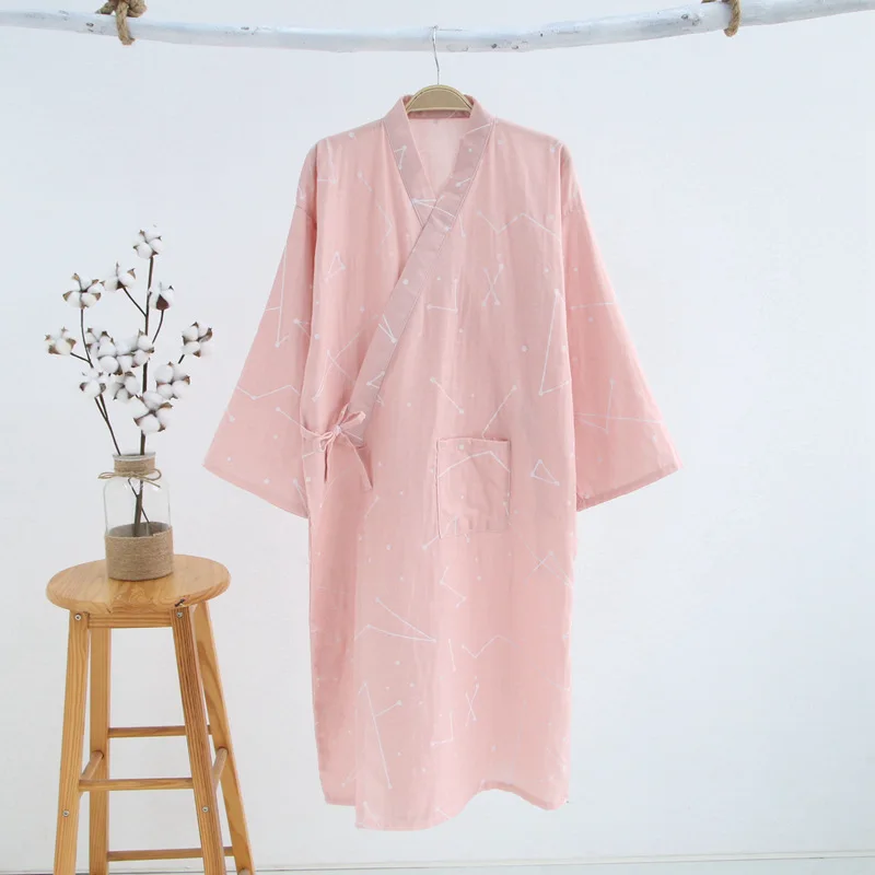 

Fashion Couples Kimono Robes Women Half Sleeve Simple Nightgown 100% Cotton Kimono Japanese Double Gauze Bathrobes Women