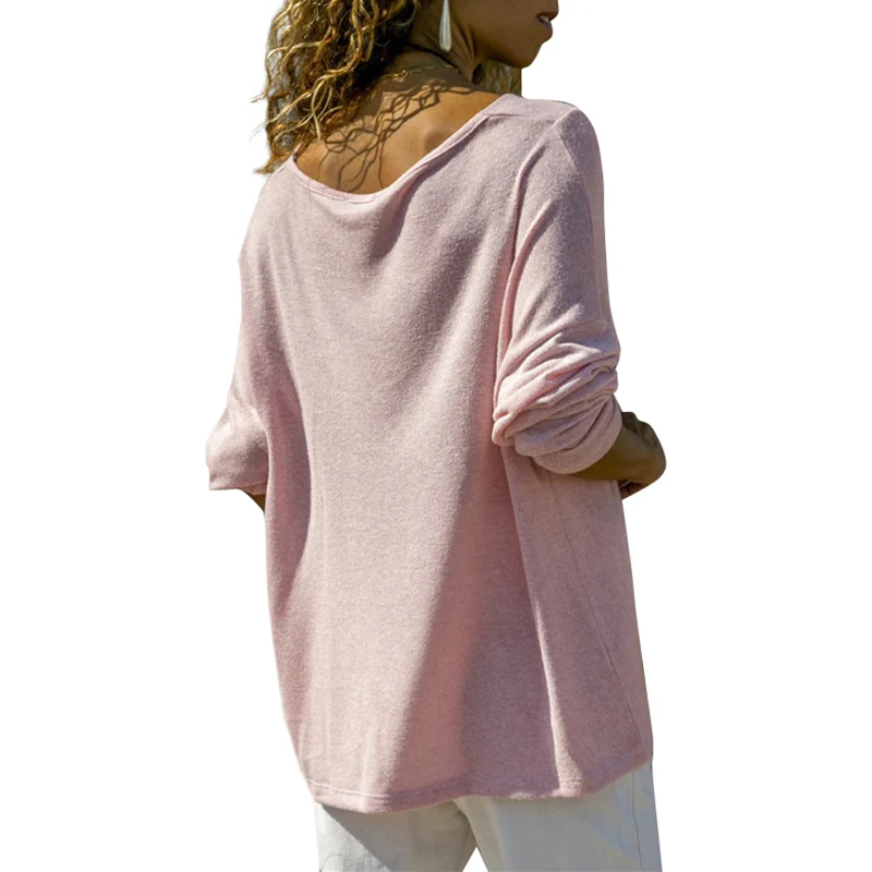Женская футболка Весенняя однотонная Трикотажная с v-образным вырезом и длинным
