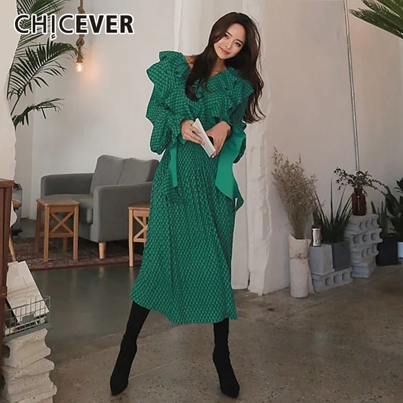 Женское винтажное плиссированное платье CHICEVER Зеленое Длинное Платье с