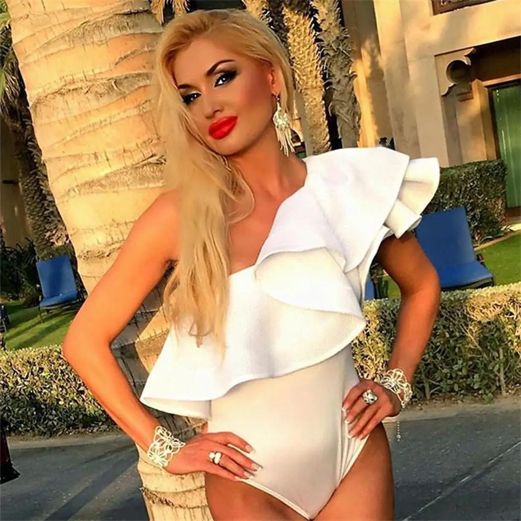 Женский Повседневный Цельный купальник на одно плечо с оборками без рукавов