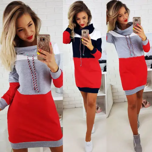 2018 женские платья с капюшоном длинным рукавом толстовки пуловер пэчворк модные