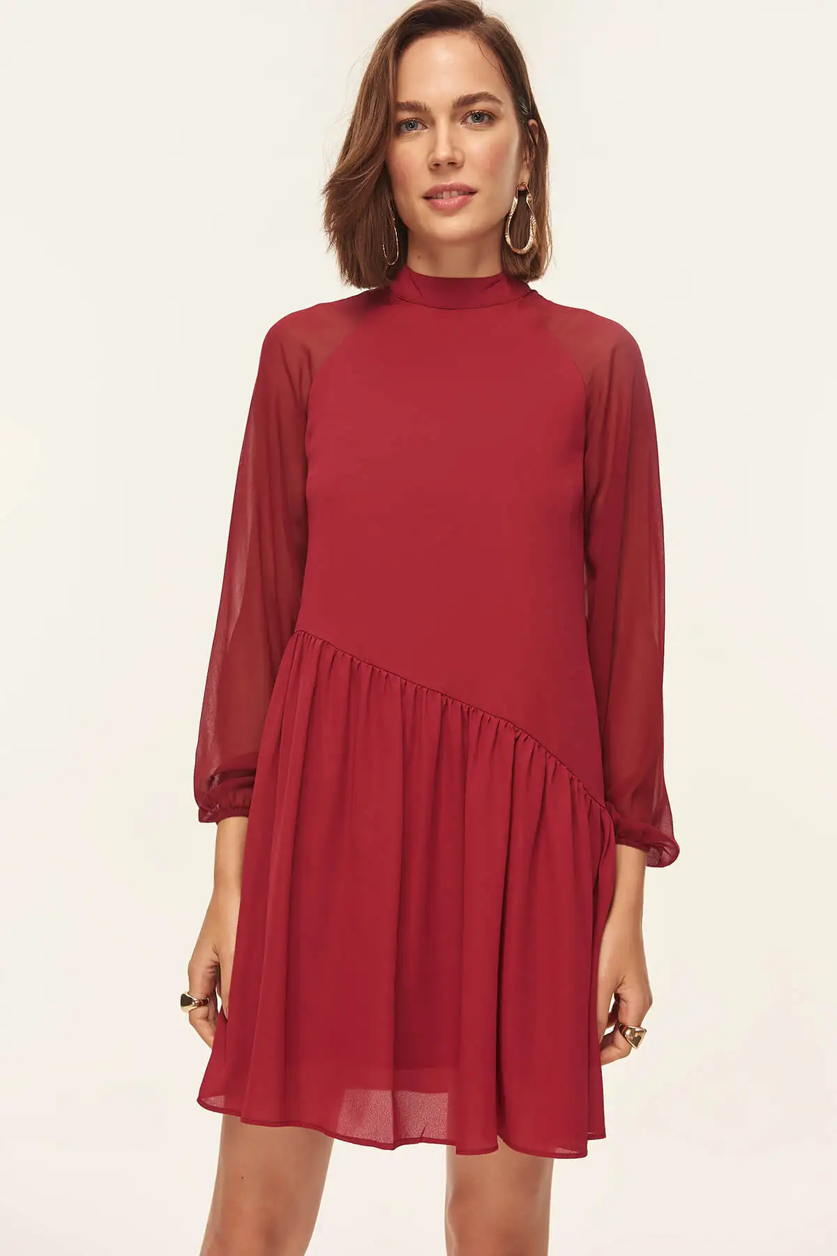 Trendyol бордовое шифоновое платье с рукавами TOFSS18LE0254|Женские платья| |