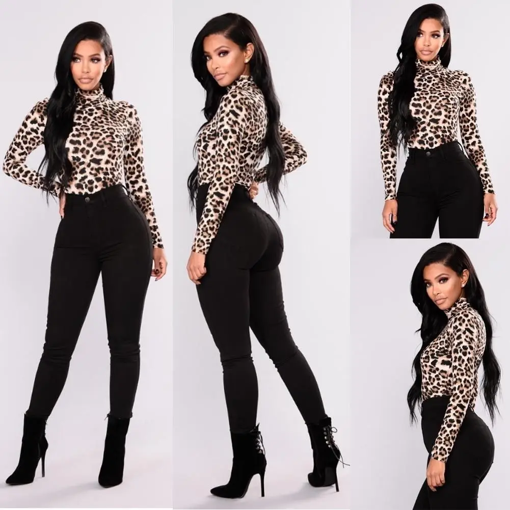 

Fashion Women's Slim Fit Long Sleeve Leopard Print Turtleneck Shirt High Street Autumn Pullovers Tops Plus Size S-2XL