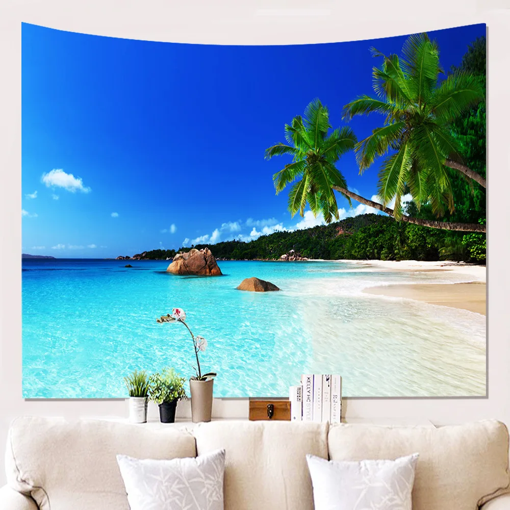 Seaside Tapestry Wall Hanging Blue Sky Beach View Window Boho Decor Dorm Carpet for Home Blanket | Дом и сад
