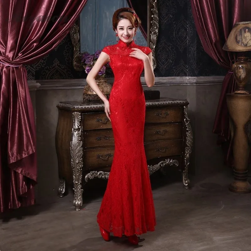 Spring Red Long Cheongsam China Bride Lace Qi Pao Women Chinese Traditional Wedding Dress Qipao Robe Orientale Evening Dresses |