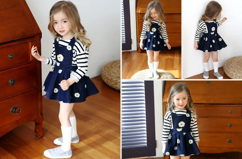 New 2018 Spring and Summer Clothes for Girl Cowboy Suspenders Dress Cute Baby Girls Denim Floral Toddler Dresses | Детская одежда и