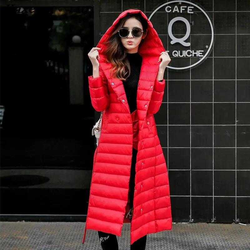 Winter parkas hooded female slim solid A line overcoat with belt ultra light winter warm coat women long warm outwear parkas