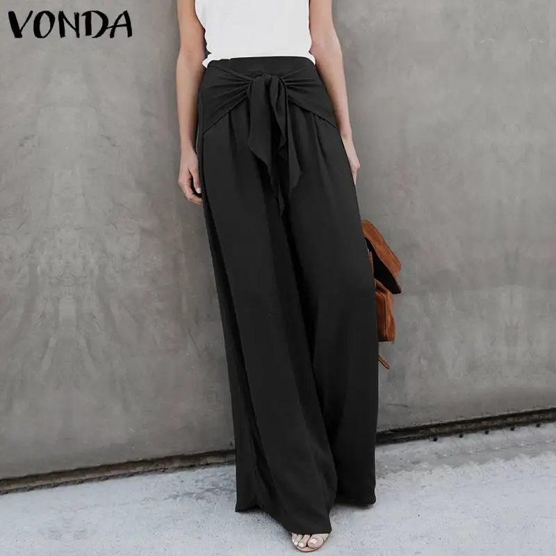 Фото Женские брюки с широкими штанинами 2019 VONDA Осенняя мода Высокая талия бантом для