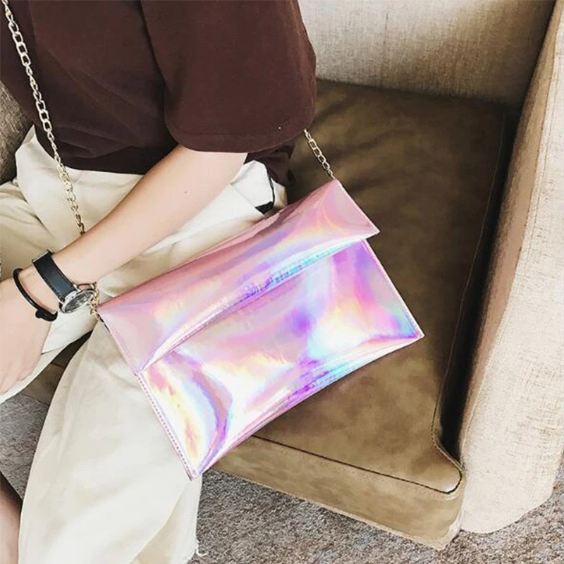 Новинка 2019 женские сумки модная Глянцевая сумка-мессенджер с лазерной цепочкой