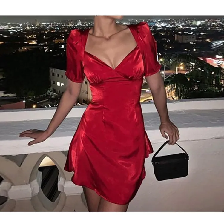 2019 Summer Women Puff Sleeve A-line Dress Sexy Club Party Elegant Mini | Женская одежда