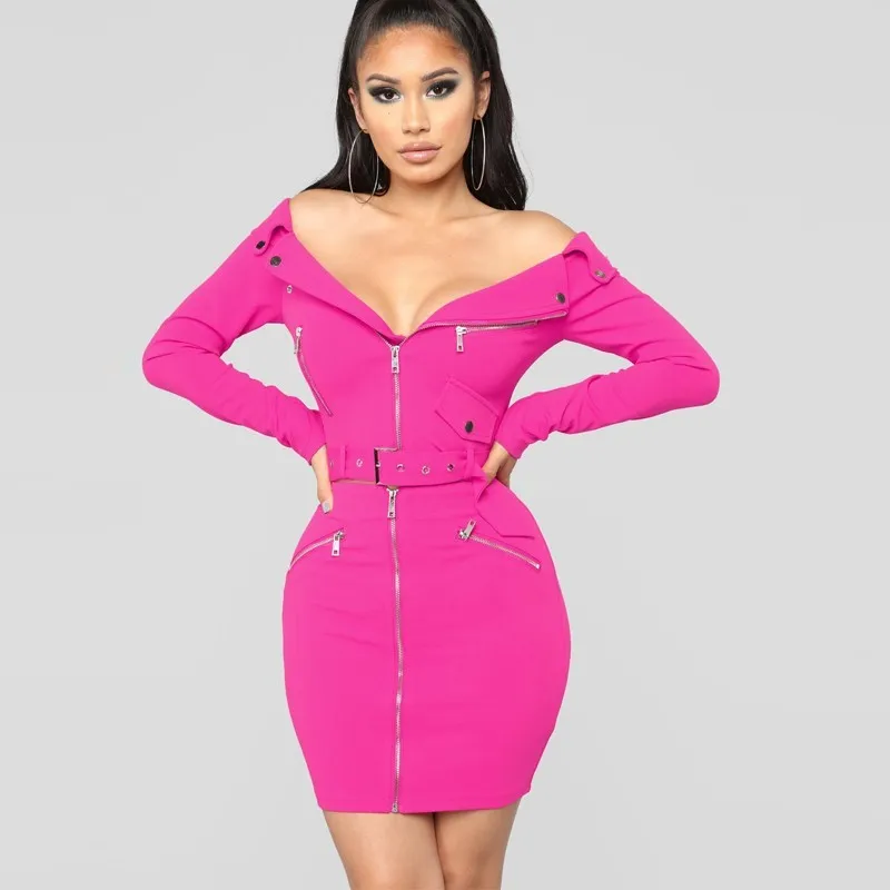 DRESSMECB сексуальный комплект из двух предметов на молнии новинка 2018 Осенний