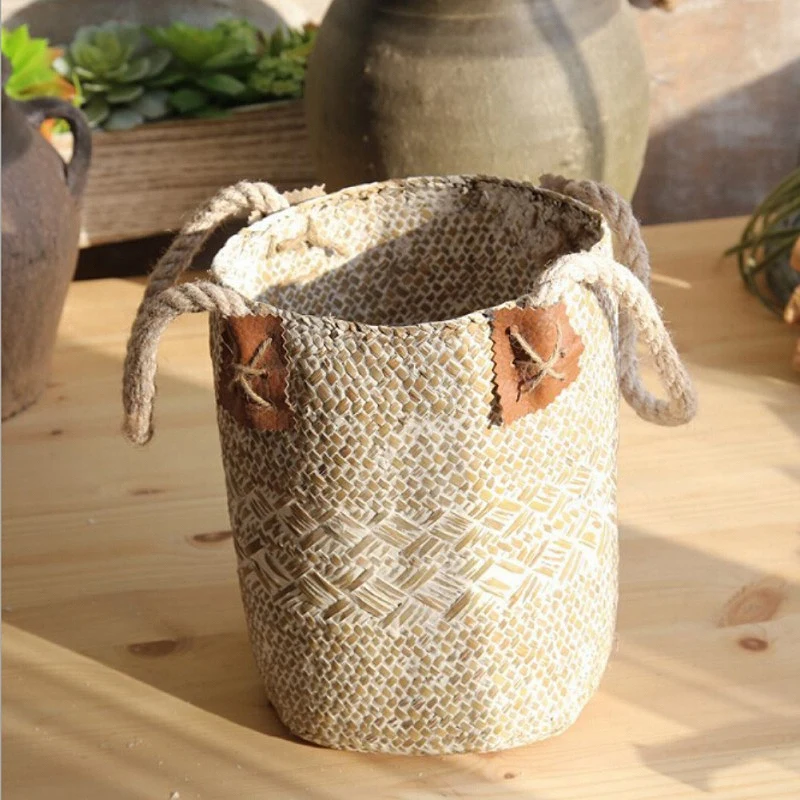 Promotion! Foldable Natural Woven Seagrass Belly Storage Basket Flower Pot Folding Weaving Dirty Garment Fruit B | Дом и сад