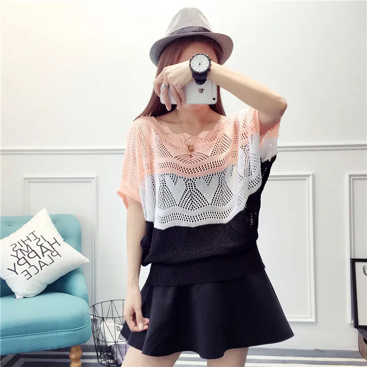 2019 New Women Fashion Short Sleeve Striped Pullovers Sweaters Summer Casual Hollow Out Loose Thin Sweater | Женская одежда