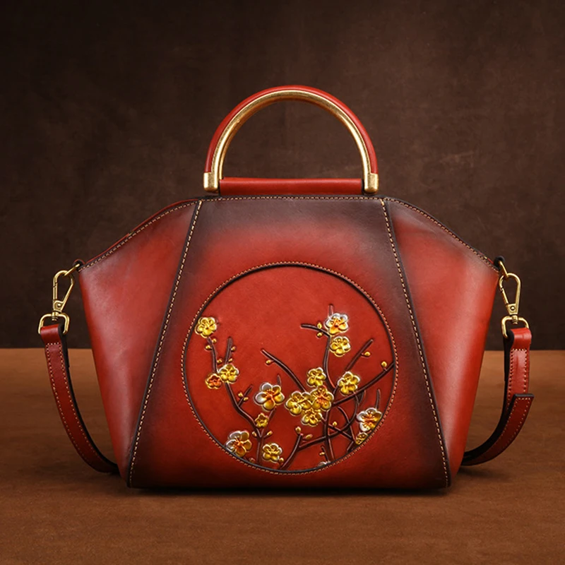 

Real Cowhide Tote Handbag Female Bags Floral Pattern National Style Vintage Design Women Genuine Leather Messenger Shoulder Bag