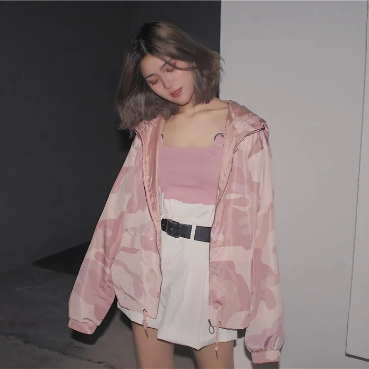 Розовая ветровка с капюшоном на весну и осень женская тонкая куртка молнии
