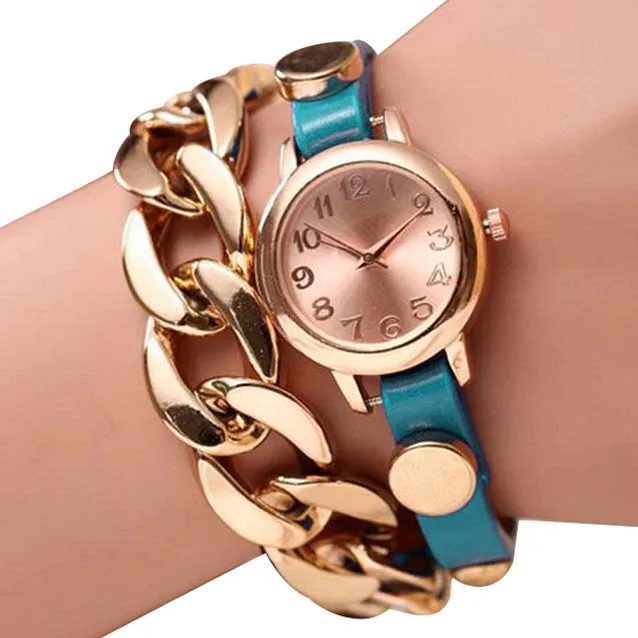 Punk Women Gold Dial Leather Chain Wrap Analog Quartz Wrist Watch Bracelet | Наручные часы