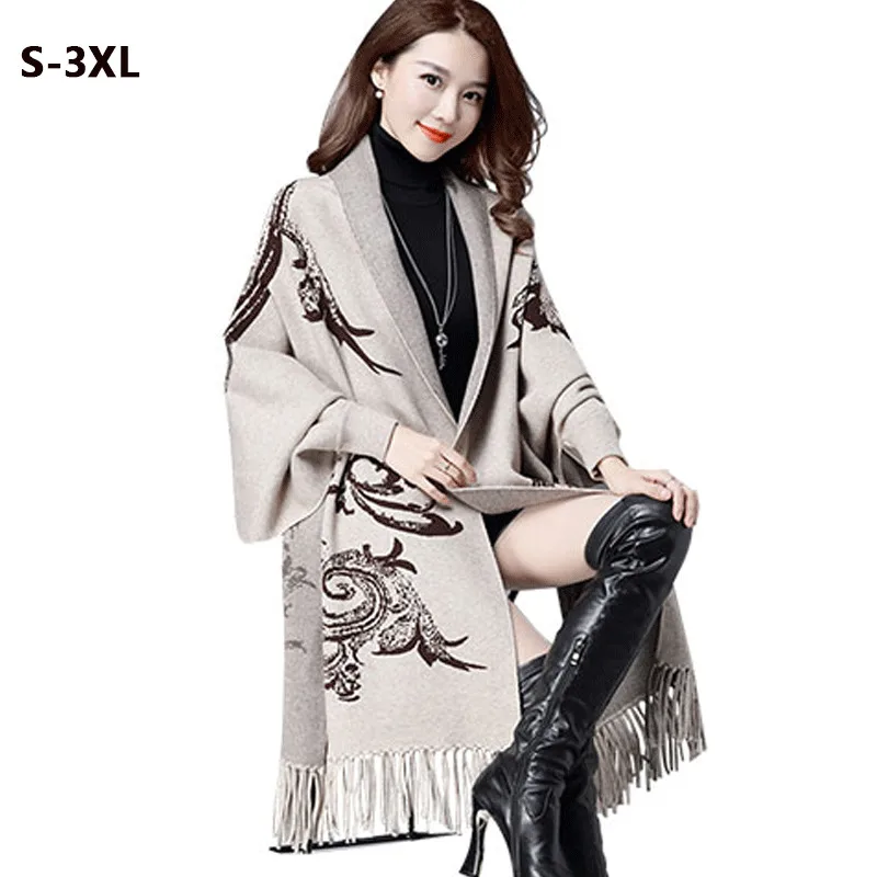 

2019 Autumn Women Sweater Casual Warm Long Section Female Cashmere Knit Cardigan Sweater Coat Ladies Shawl Tassel Cloak Cardigan