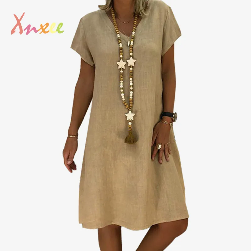 

Women's Solid Knee-Length Dresses Casual Loose Short Sleeve V-Neck Straight Dress Summer Fashion Plus Size 5XL Lady Midi Dress