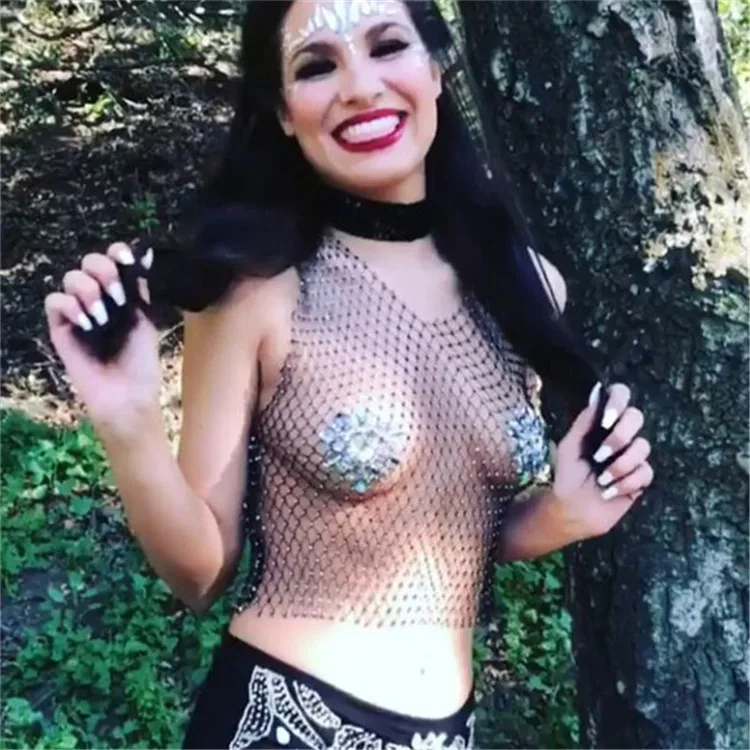 Rhinestone Mesh T Shirt Transparent Crop Top Sexy Women Summer Tank See Though Club V Neck Camiseta Mujer White Black | Женская одежда