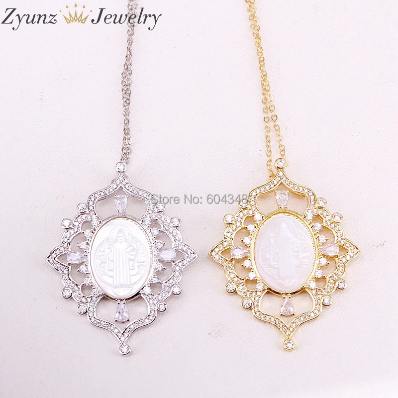 5 нитей ZYZ323 8697 CZ micro Pave Oval Mary Jesus MOP shell Focal ожерелье Белый Золотой/Серебряный цвет