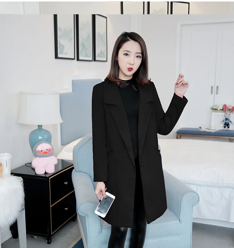 Тонкий длинный полушерстяный женский пиджак Повседневная Женская куртка на