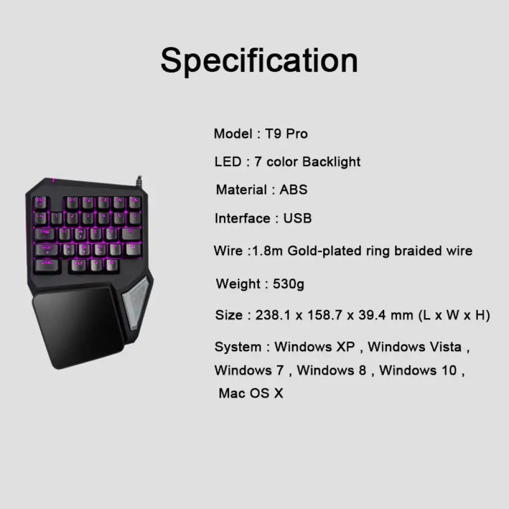 T9 Pro 7 Colors LED Backlit Single Hand Professional Gaming Keyboard Wrist Support 1.8m USB Wire Anti-Ghosting for PC | Компьютеры и