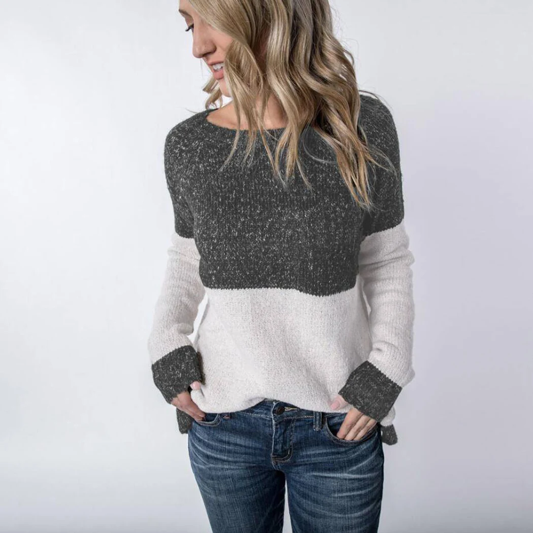 Autumn Winter Long Sleeve Sweater Women Patchwork Tops Womens O-Neck Loose Pollovers Knitting Femme Plus Size |
