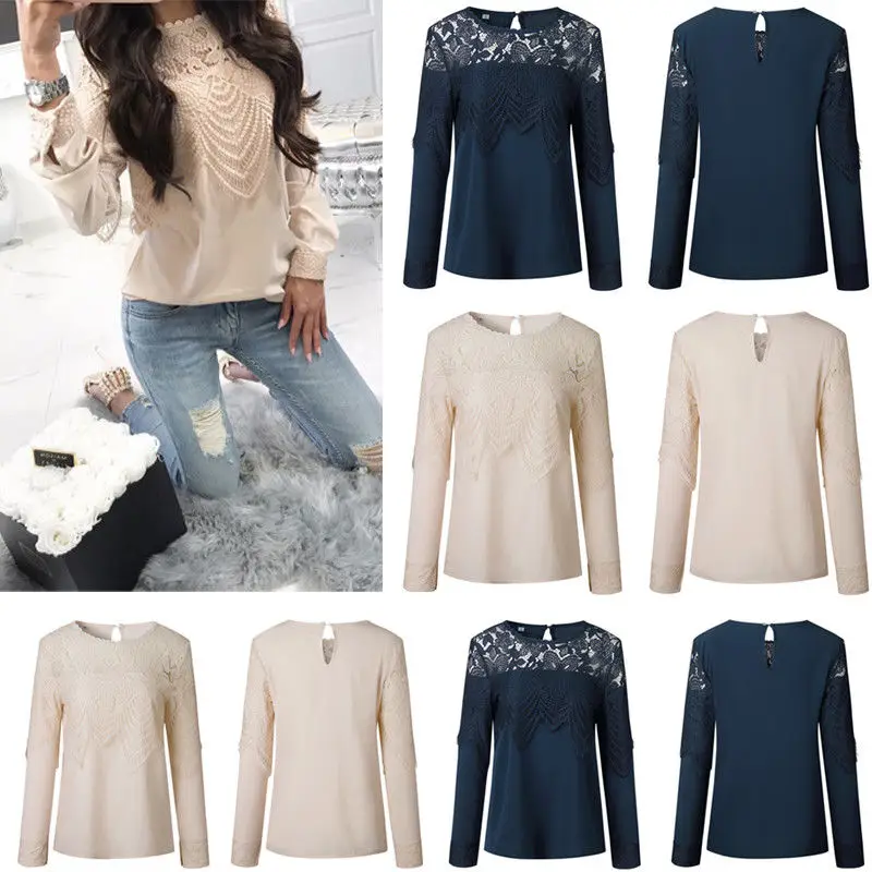 

Fashion Women Lace Loose Shirt Long Sleeve Patchwork Pullover Blouse Ladies Casual Tops