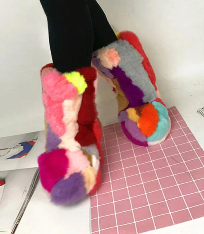 Handmade Real Rabbit Fur Eskimo Boots Height Increasing Women Multi Fur Patchwork Snow Boots Winter Colorful Fur Mid Calf Boots images - 6