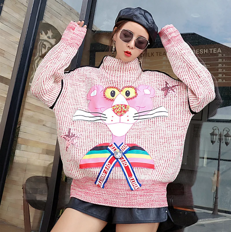 QING MO Women Turtleneck Pinkpanther Sweater Sequin Pullover Pink 2018 Autumn Warm Loose DQ0149A | Женская одежда