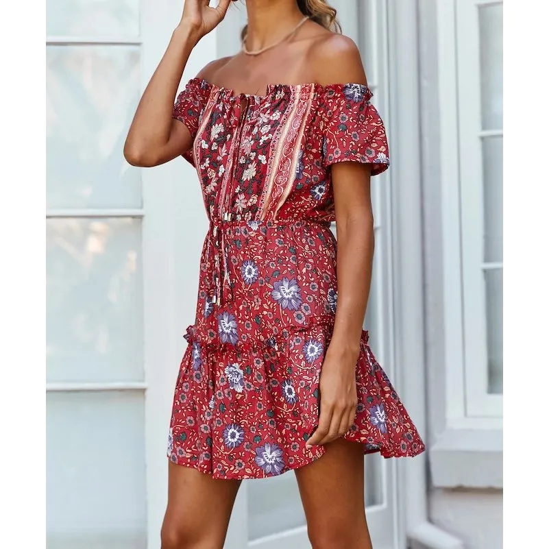 Женское платье с принтом Boho повседневное короткое пляжное на шнуровке открытыми