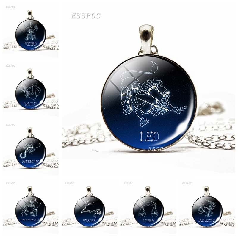 

Fashion Style Trendy Pendant Necklace Pendant Constellation Glass Dome Design 12 Zodiac Pisces Gemini Cancer for Women Men Gift