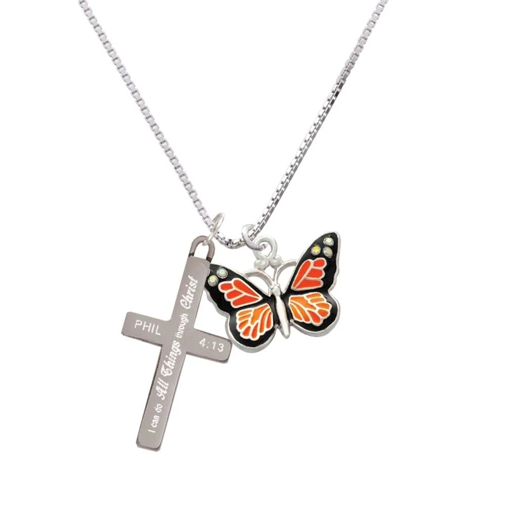 Large Monarch Butterfly with 6 AB Crystals - I Can Do All Things Cross Necklace | Украшения и аксессуары