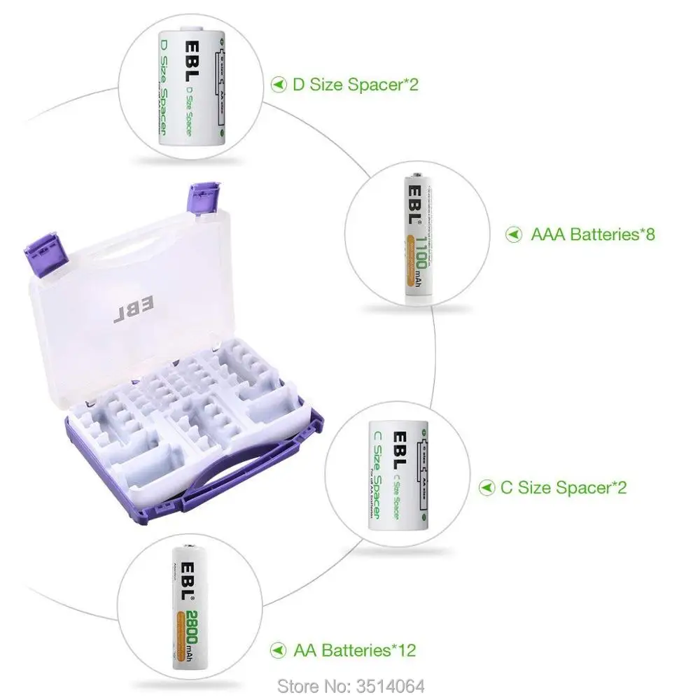 EBL семейный чехол органайзер для аккумулятора AA 2800mAh 12 упаковок + AAA 1100mAh 8 2 C