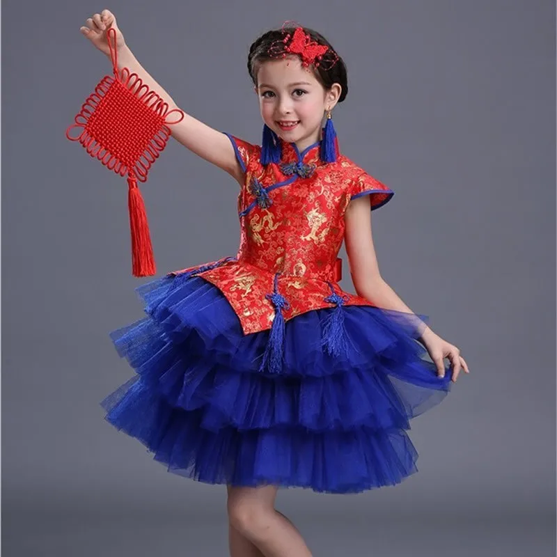 

Child Costumes Beautiful Cheongsam Satin Chinese Wedding Dress Girl Flower China Dance Guzheng Erhu Fiddle Show Red Qipao Tutu