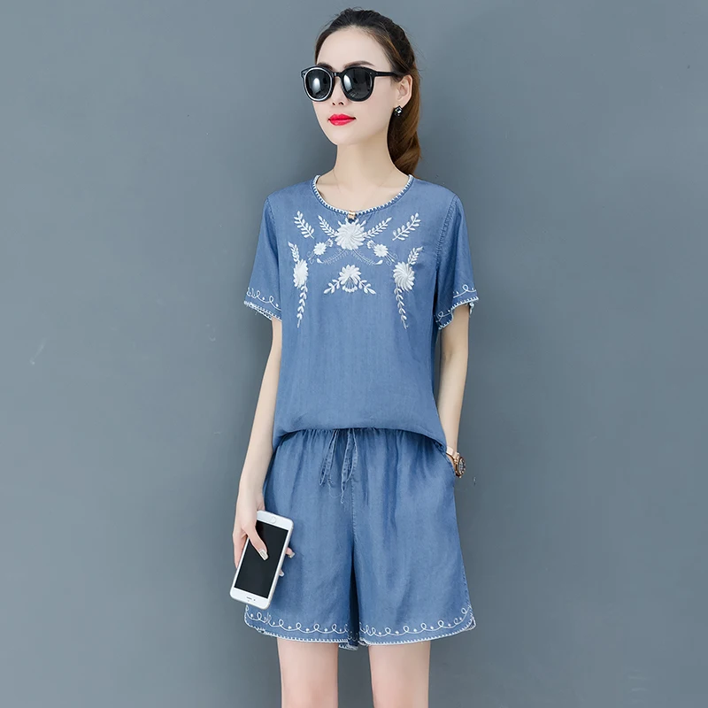 

2019 summer new big yards short sleeve shorts embroidered cowboy outfit women denim casual vestido sweatshirt short pants top