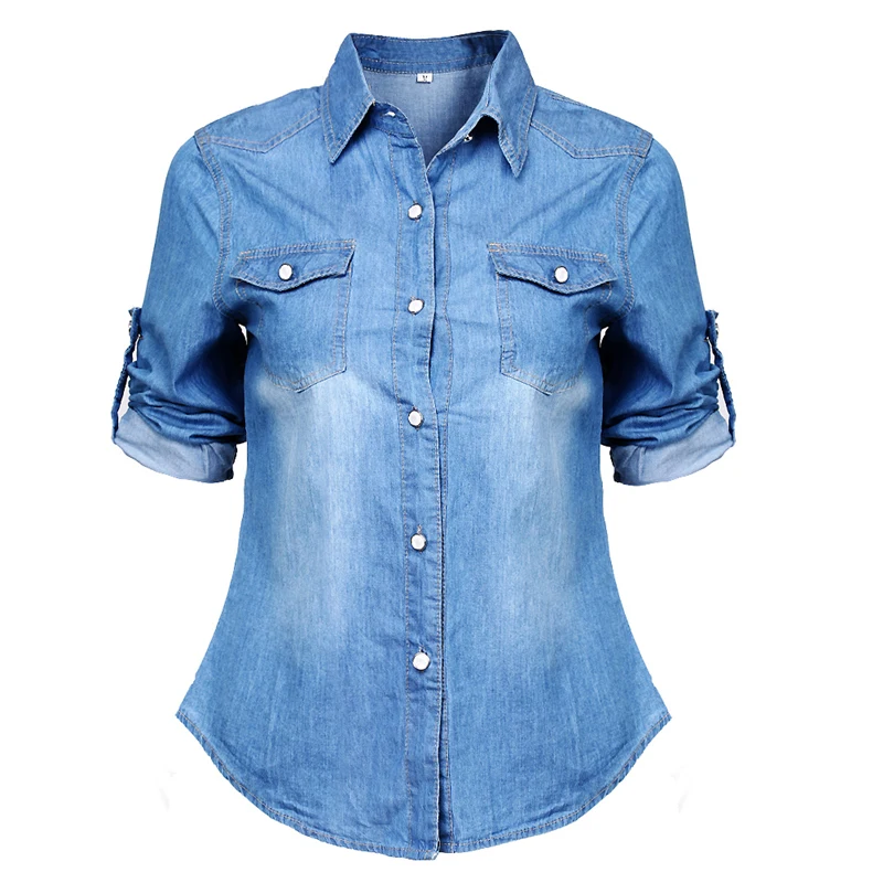 

women fashion blue denim shirts autumn spring casual long sleeve solid front two pockets turn-down collar cotton tops for lady