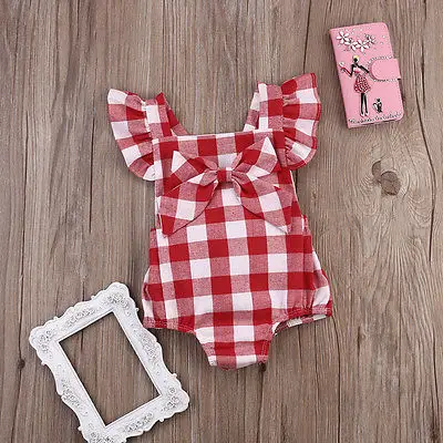Модный комбинезон для маленьких девочек, комбинезон + белый и красный клетчатый летний костюм из 100% хлопка, летняя одежда для малышей 0-18 месяцев