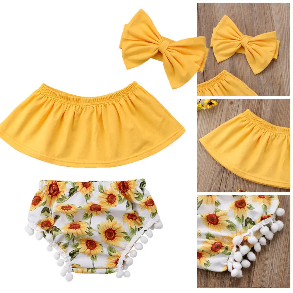 Комплект одежды для новорожденных топ с открытыми плечами и шорты повязка на