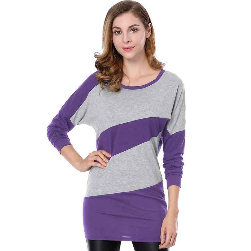 Женская Базовая длинная футболка облегающие туники контрастных цветов с круглым
