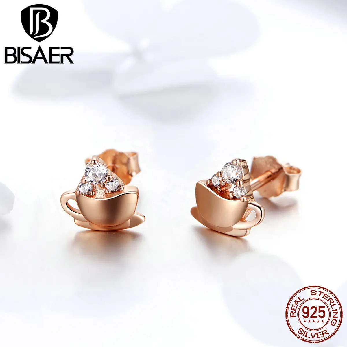 Bisaer 100% Стерлинговое Серебро 925 пробы золотые серьги-гвоздики с кофейной чашкой