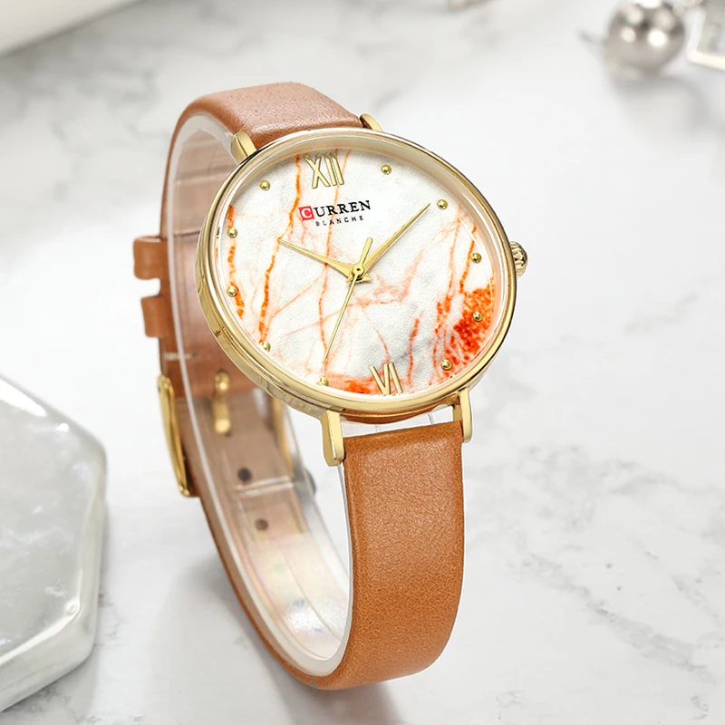 Наручные часы CURREN женские кварцевые с желтым циферблатом и кожаными