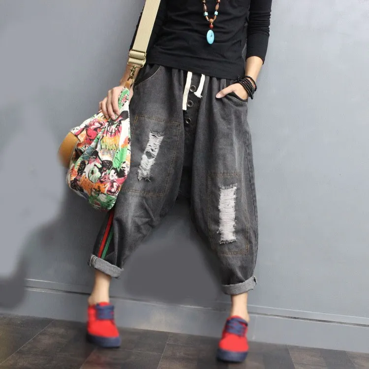 Женские боковые полосы крест брюки дамы Drawstring рваные джинсовые широкие ретро