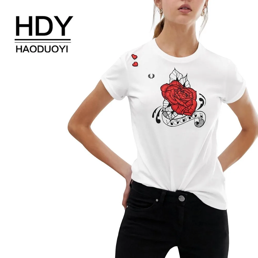 HDY Haoduoyi/футболки с короткими рукавами белые топы цветочным принтом и круглым