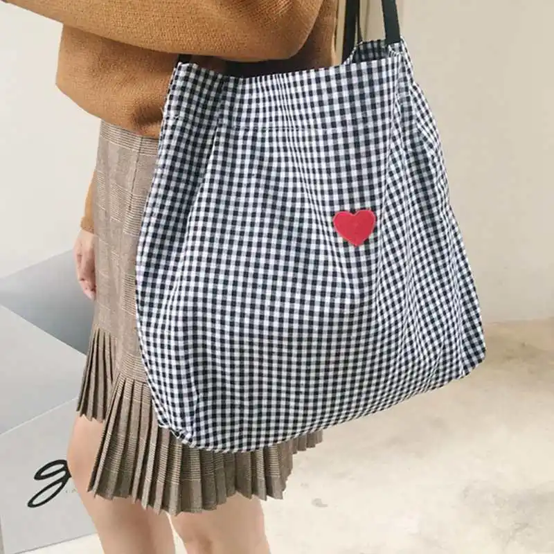 ABDB-Women Canvas Shoulder Bag Black White Plaid Embroidery Ladies Shopping Handbags Totes Cotton Cloth Beach Bags | Багаж и сумки