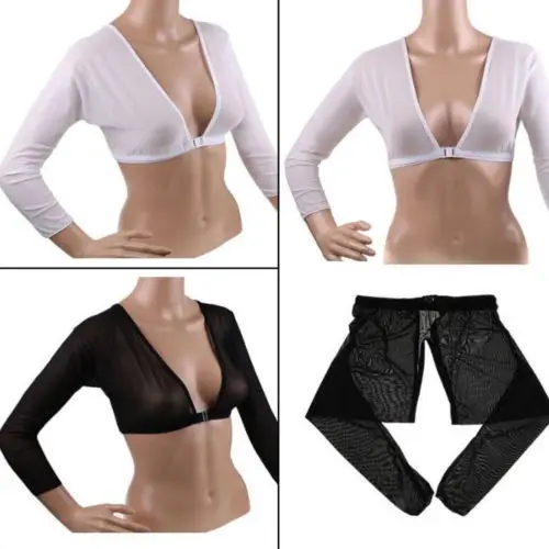 

Women Plus Size Seamless Arm Shaper Short Cropped Navel Mesh Sheer Sexy Cardigan Mini Shirt Tops Summer Long Sleeve T Shirt
