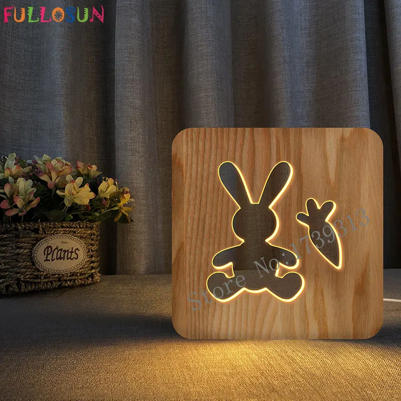 Деревянная лампа светодиодный ночник олень собака кролик птица животное 3D