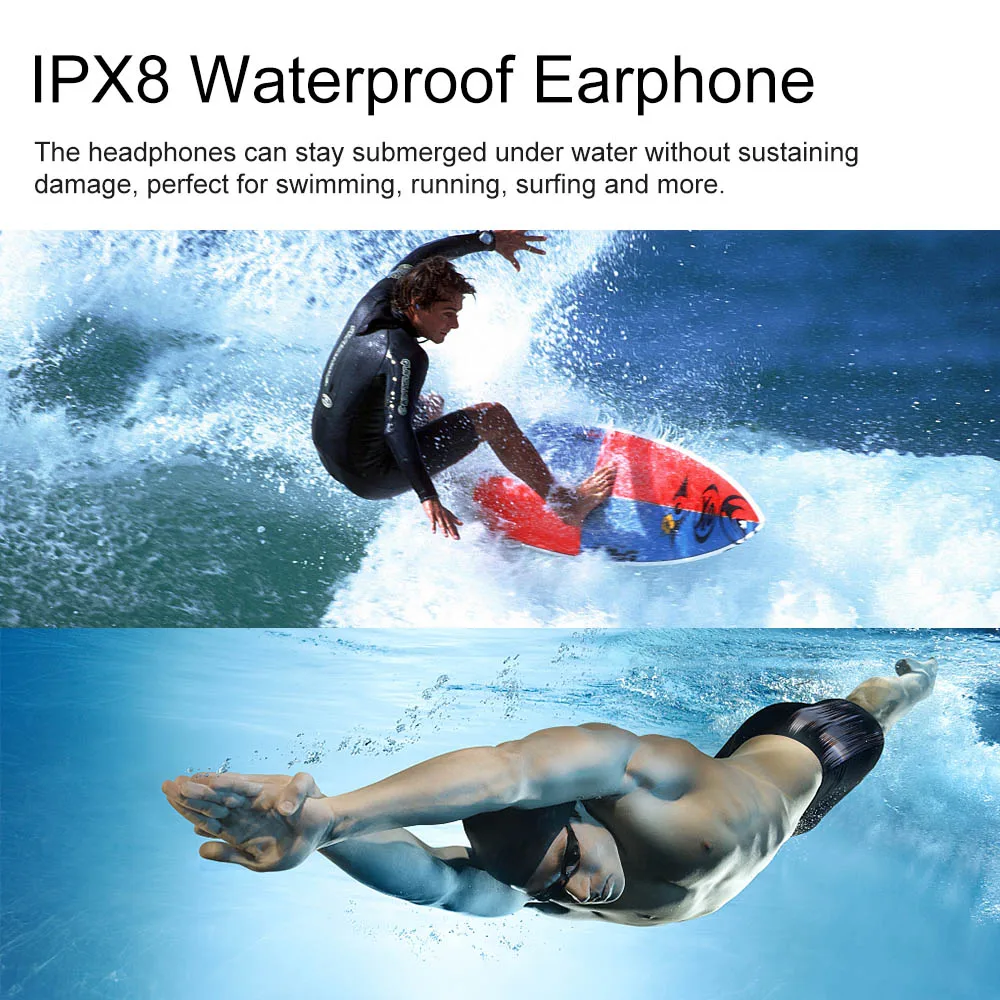 Беспроводные IPX8 водонепроницаемые спортивные наушники 8 ГБ MP3 музыкальный плеер