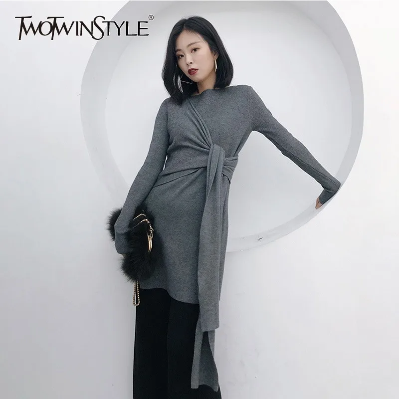 TWOTWINSTYLE Knitting Pullover Tops Female O Neck Long Sleeve Bandage Side Split Sweater Women Casual Fashion 2020 Spring New | Женская