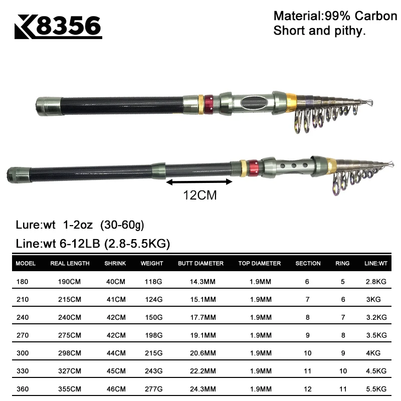 K8356 карбоновая портативная телескопическая удочка спиннинговая морская